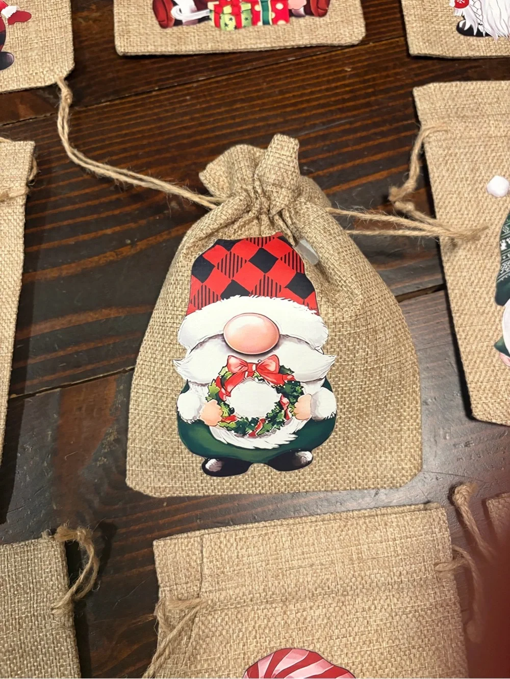 Festive Gnome Burlap Gift Bags – Assorted Holiday Colors